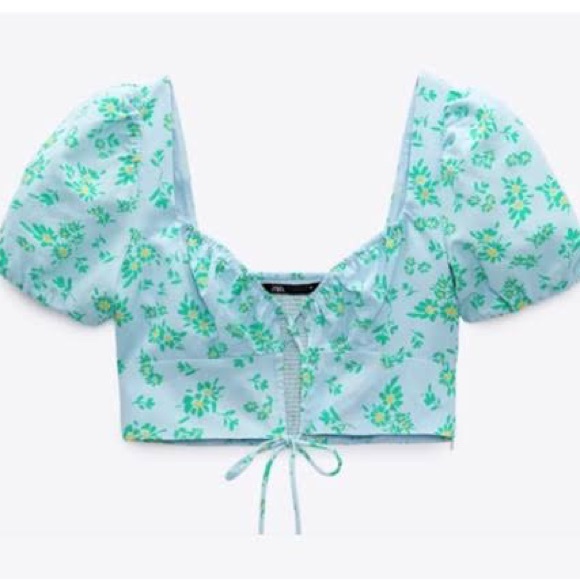 Zara Tops Zara Blue Floral Puff Sleeve Crop Top Poshmark